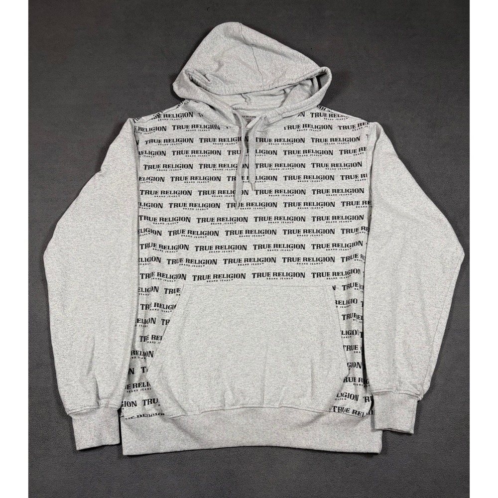 True Religion Hoodie Mens Large Gray Logo Print Pullover